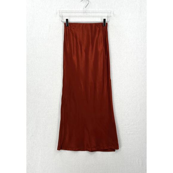 ENZA COSTA Satin Bias Slip Skirt Women XS Umber Rust Maxi Side Slit Pull On NEW - Picture 5 of 16